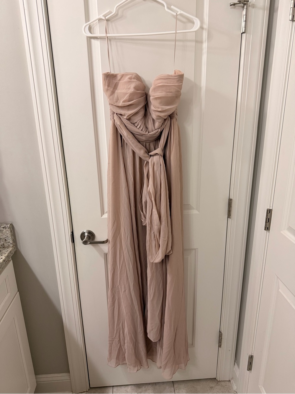 Birdy Grey Tan Nude Strapless Chiffon Gown with Draped Waist Tie